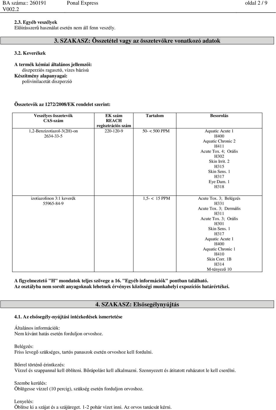 PPM Aquatic Acute 1 H400 Aquatic Chric 2 H411 Acute Tox. 4; Orális H302 Skin Irrit. 2 H315 Skin Sens. 1 H317 Eye Dam. 1 H318 1,5- < 15 PPM Acute Tox. 3; Belégzés H331 Acute Tox.