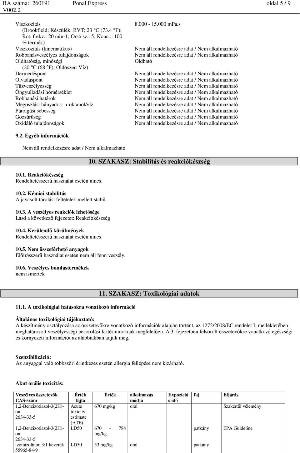 határok Megoszlási hányados: n-oktanol/víz Párolgási sebesség Gőzsűrűség Oxidáló tulajdságok 8.000-15.000 mpa.s Oldható 9.2. Egyéb információk 10.1. Reakciókészség Rendeltetésszerű használat esetén nincs.