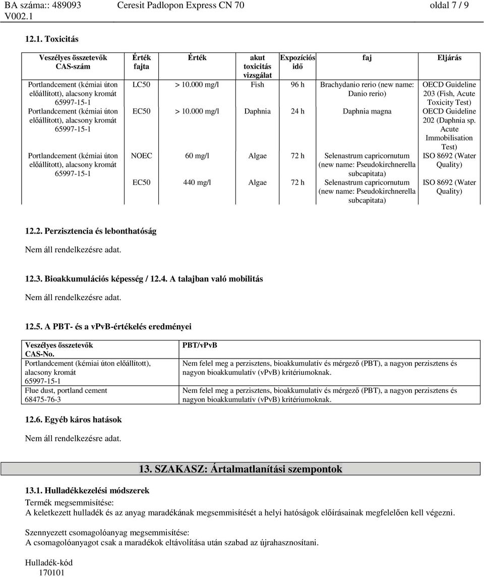 toxicitás vizsgálat Expozíciós idő LC50 > 10.000 mg/l Fish 96 h Brachydanio rerio (new name: Danio rerio) faj Eljárás OECD Guideline 203 (Fish, Acute Toxicity Test) EC50 > 10.