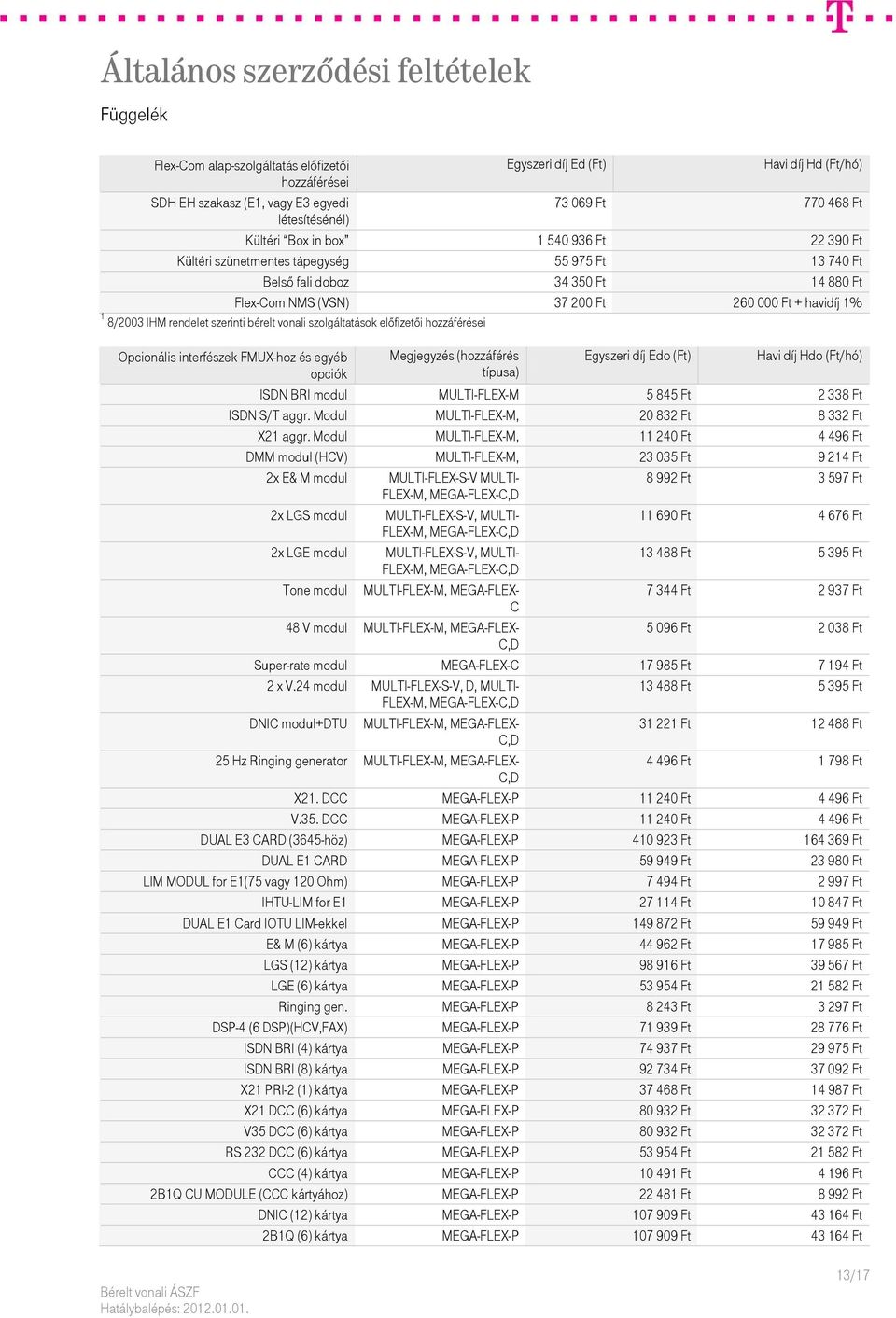 szolgáltatások előfizetői hozzáférései Opcionális interfészek FMUX-hoz és egyéb opciók Megjegyzés (hozzáférés típusa) Egyszeri díj Edo (Ft) Havi díj Hdo (Ft/hó) ISDN BRI modul MULTI-FLEX-M 5 845 Ft 2