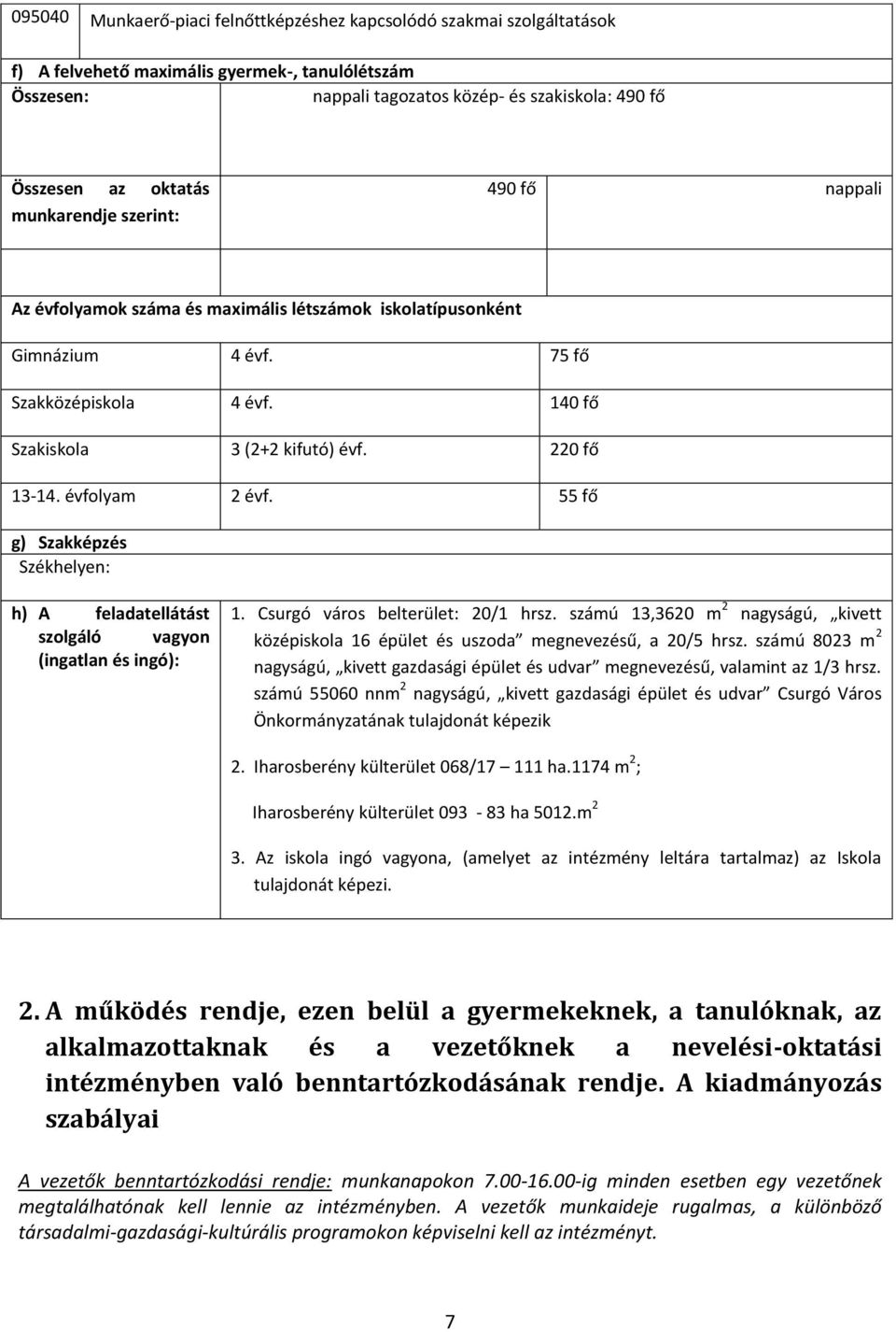 évfolyam 2 évf. 55 fő g) Szakképzés Székhelyen: h) A feladatellátást szolgáló vagyon (ingatlan és ingó): 1. Csurgó város belterület: 20/1 hrsz.