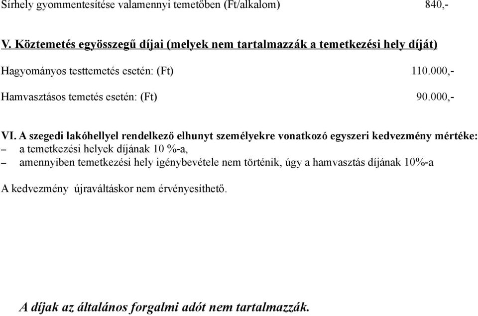 000,- Hamvasztásos temetés esetén: (Ft) 90.000,- VI.