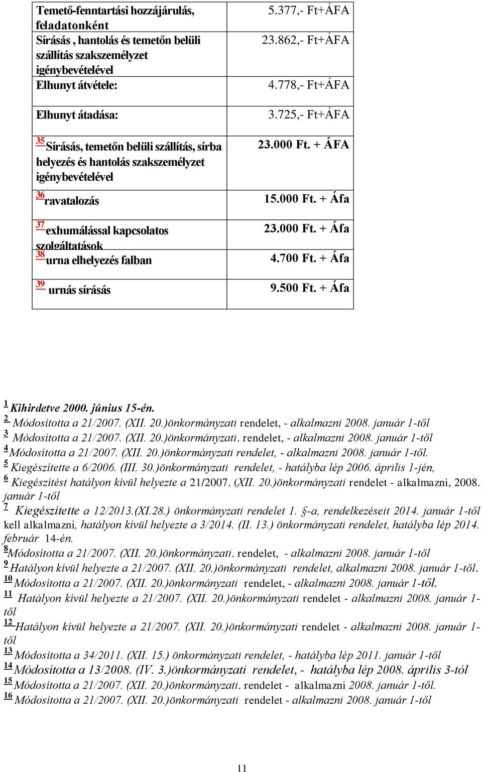 000 Ft. + Áfa szolgáltatások 38 urna elhelyezés falban 4.700 Ft. + Áfa 39 urnás sírásás 9.500 Ft. + Áfa 1 Kihirdetve 2000. június 15-én. 2 Módosította a 21/2007. (XII. 20.)önkormányzati rendelet, - alkalmazni 2008.