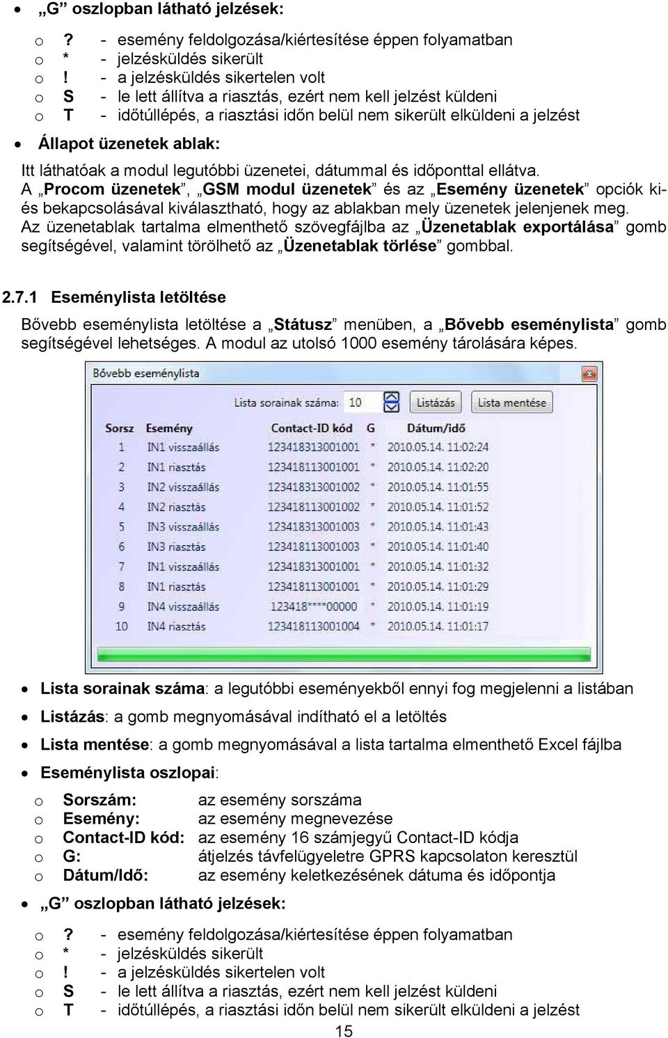 Itt láthatóak a modul legutóbbi üzenetei, dátummal és időponttal ellátva.