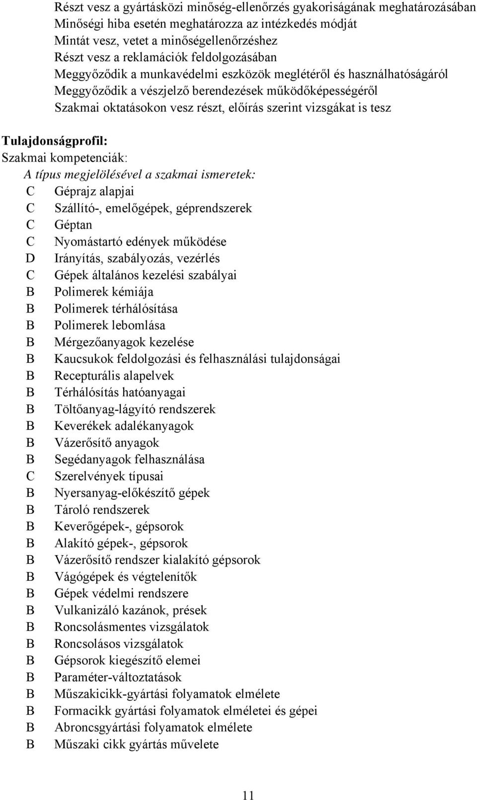 is tesz Tulajdonságprofil: Szakmai kompetenciák: A típus megjelölésével a szakmai ismeretek: Géprajz alapjai Szállító-, emelőgépek, géprendszerek Géptan Nyomástartó edények működése Irányítás,