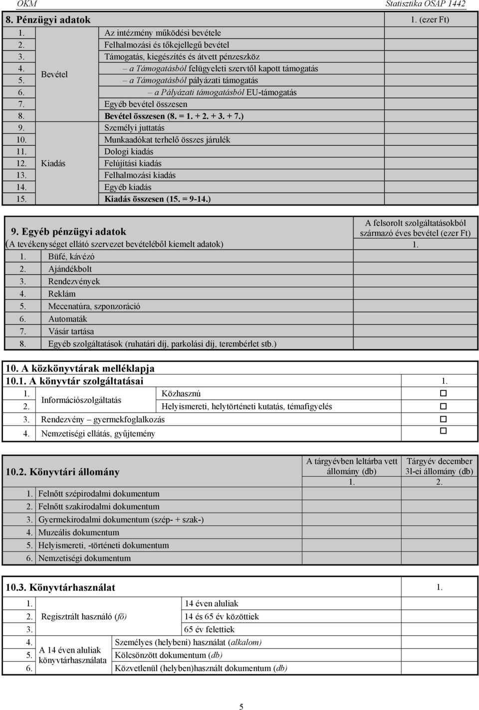 + 3. + 7.) 9. Személyi juttatás 10. Munkaadókat terhelő összes járulék 1 Dologi kiadás 12. Kiadás Felújítási kiadás 13. Felhalmozási kiadás 14. Egyéb kiadás 15. Kiadás összesen (15. = 9-14.) 9. Egyéb pénzügyi adatok (A tevékenységet ellátó szervezet bevételéből kiemelt adatok) Büfé, kávézó 2.