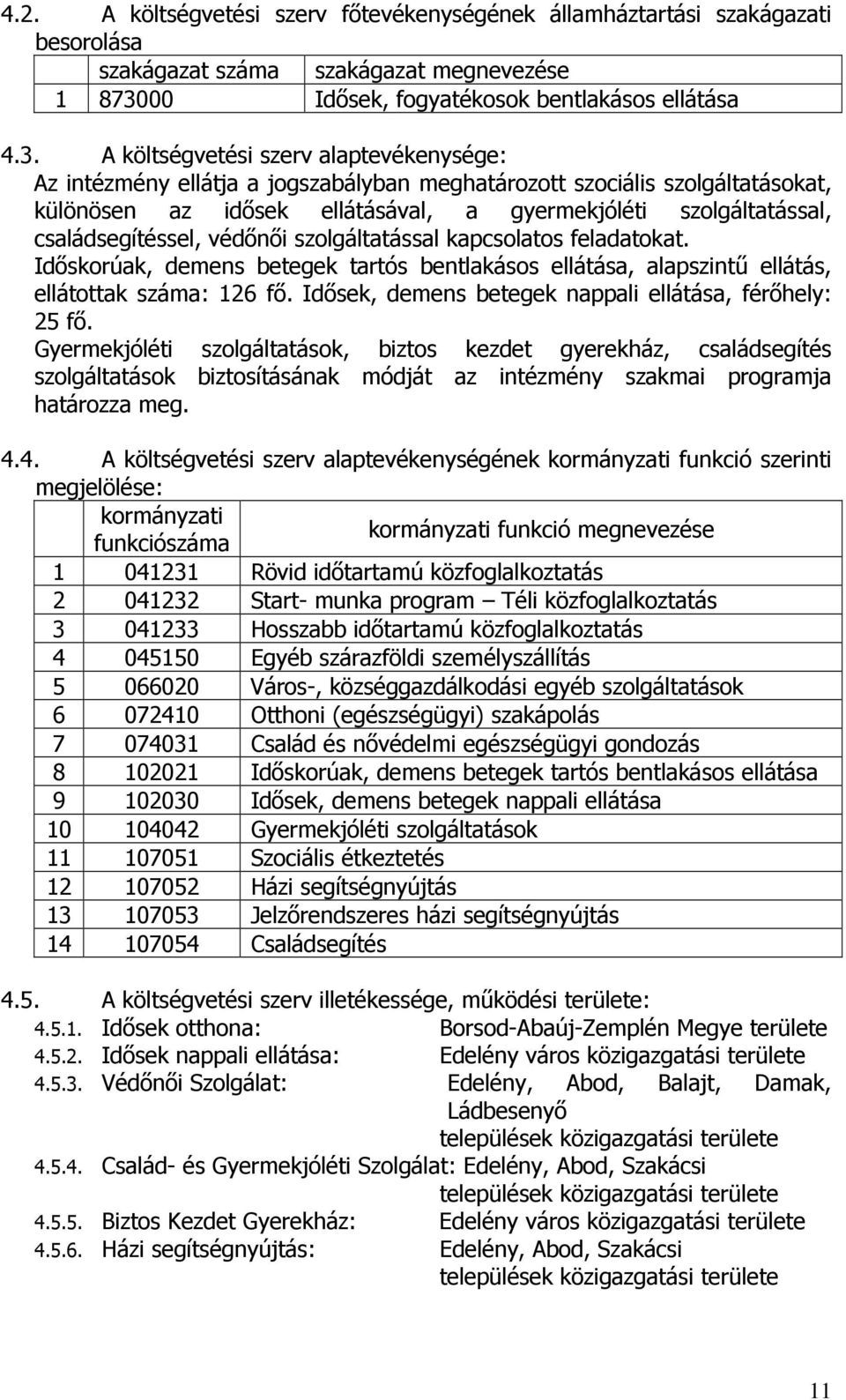 A költségvetési szerv alaptevékenysége: Az intézmény ellátja a jogszabályban meghatározott szociális szolgáltatásokat, különösen az idősek ellátásával, a gyermekjóléti szolgáltatással,