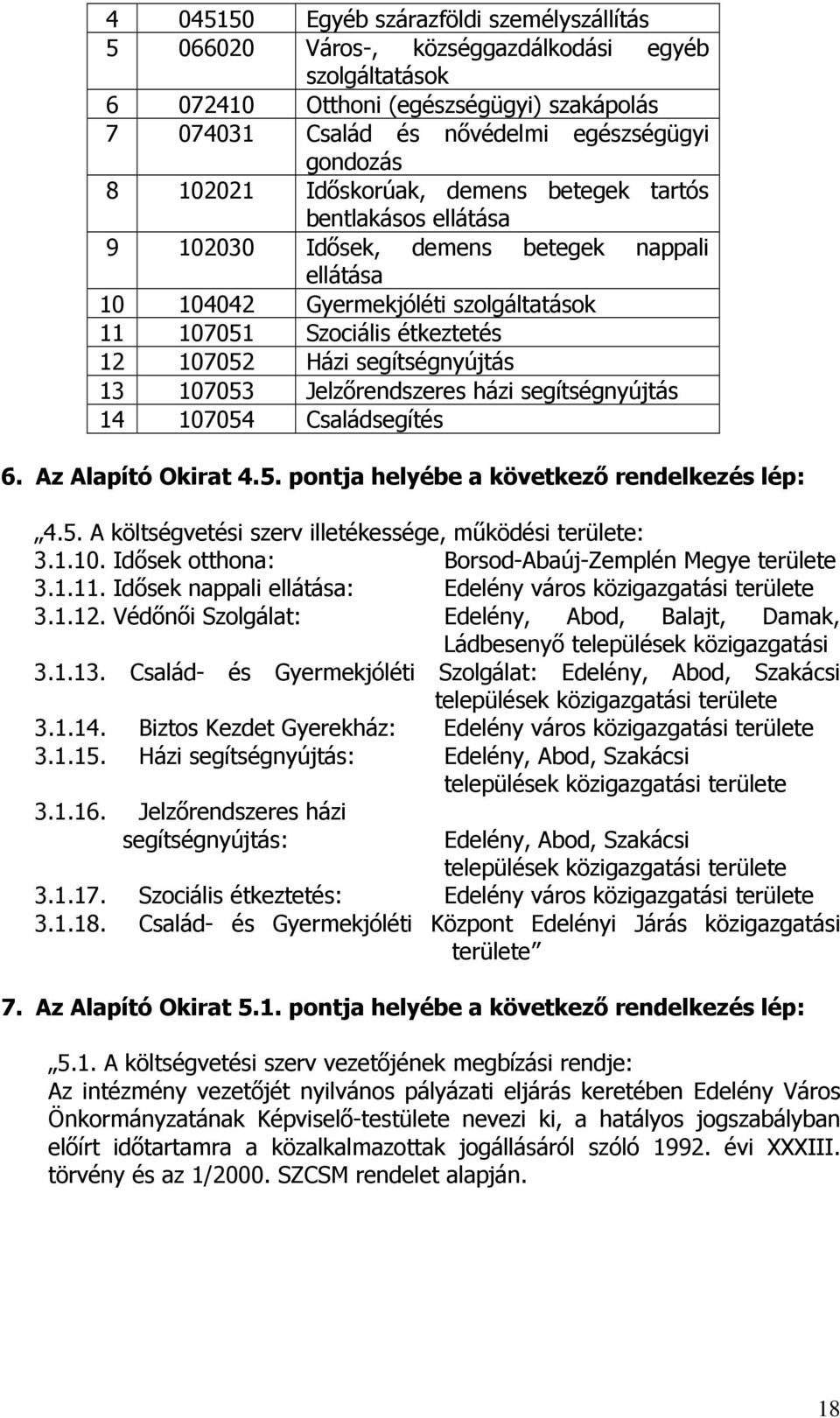 segítségnyújtás 13 107053 Jelzőrendszeres házi segítségnyújtás 14 107054 Családsegítés 6. Az Alapító Okirat 4.5. pontja helyébe a következő 4.5. A költségvetési szerv illetékessége, működési területe: 3.