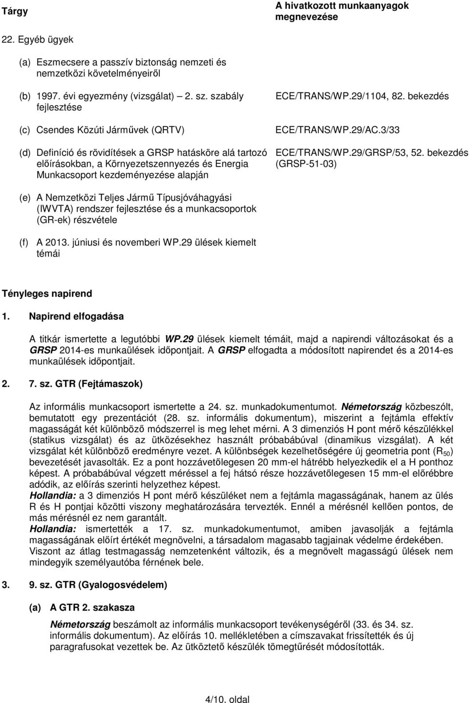 ECE/TRANS/WP.29/1104, 82. bekezdés ECE/TRANS/WP.29/AC.3/33 ECE/TRANS/WP.29/GRSP/53, 52.