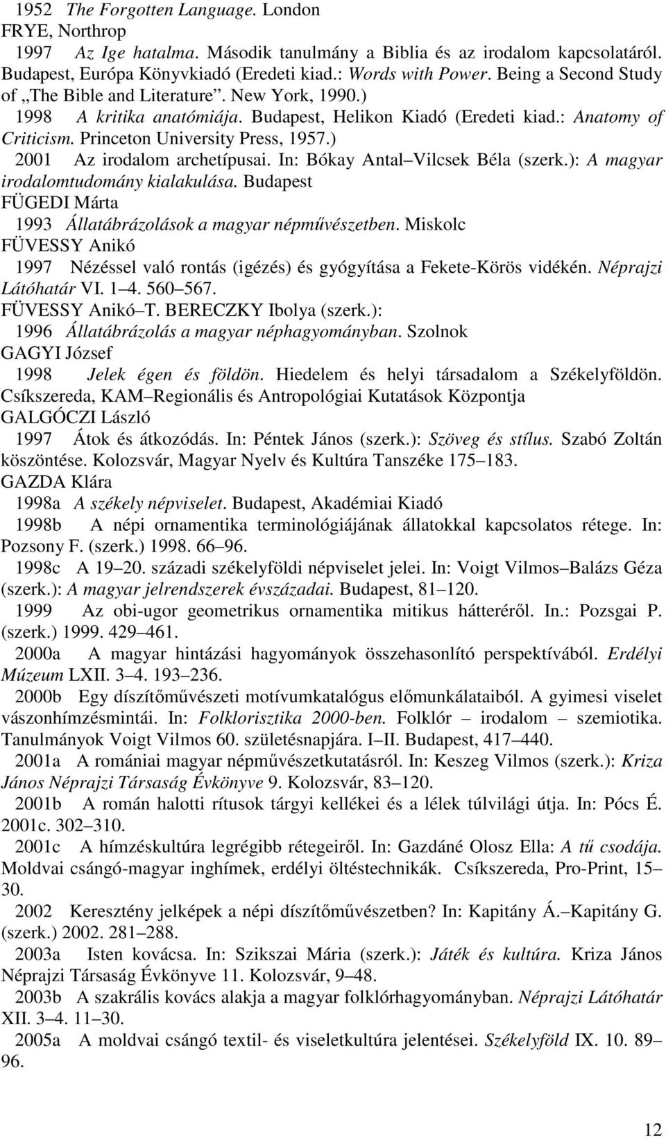 ) 2001 Az irodalom archetípusai. In: Bókay Antal Vilcsek Béla (szerk.): A magyar irodalomtudomány kialakulása. Budapest FÜGEDI Márta 1993 Állatábrázolások a magyar népművészetben.