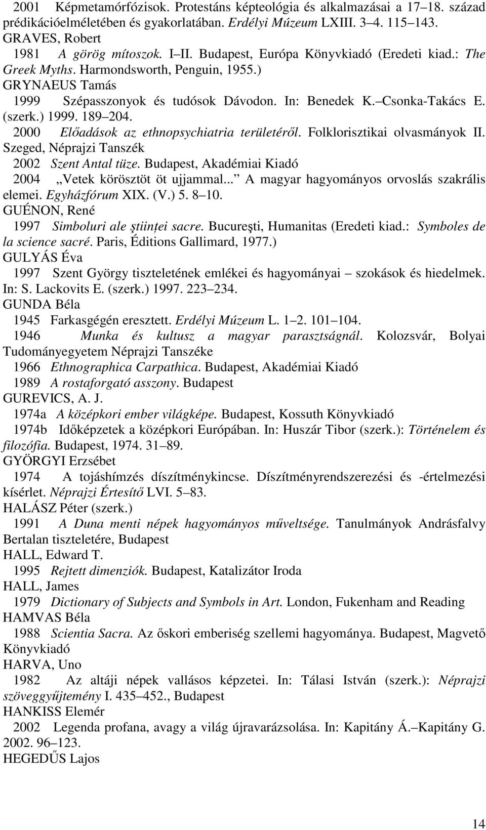 189 204. 2000 Előadások az ethnopsychiatria területéről. Folklorisztikai olvasmányok II. Szeged, Néprajzi Tanszék 2002 Szent Antal tüze. Budapest, Akadémiai Kiadó 2004 Vetek körösztöt öt ujjammal.