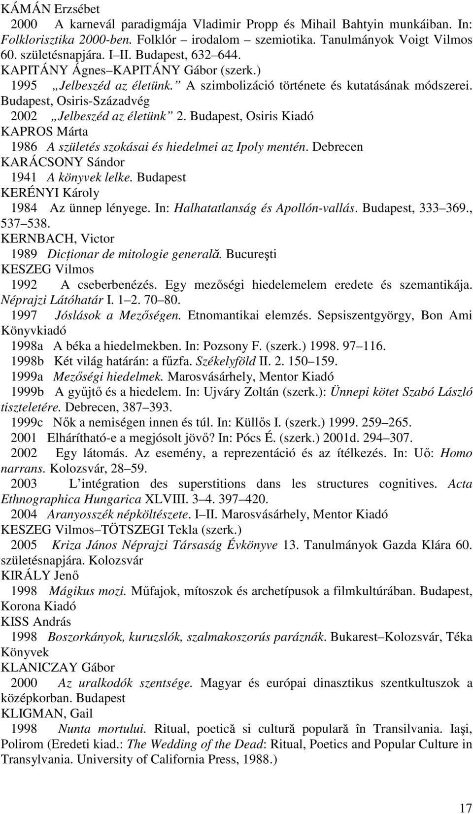 Budapest, Osiris Kiadó KAPROS Márta 1986 A születés szokásai és hiedelmei az Ipoly mentén. Debrecen KARÁCSONY Sándor 1941 A könyvek lelke. Budapest KERÉNYI Károly 1984 Az ünnep lényege.