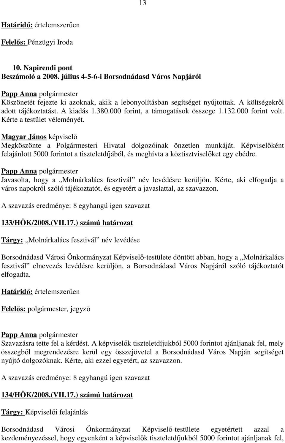 Megköszönte a Polgármesteri Hivatal dolgozóinak önzetlen munkáját. Képviselőként felajánlott 5000 forintot a tiszteletdíjából, és meghívta a köztisztviselőket egy ebédre.