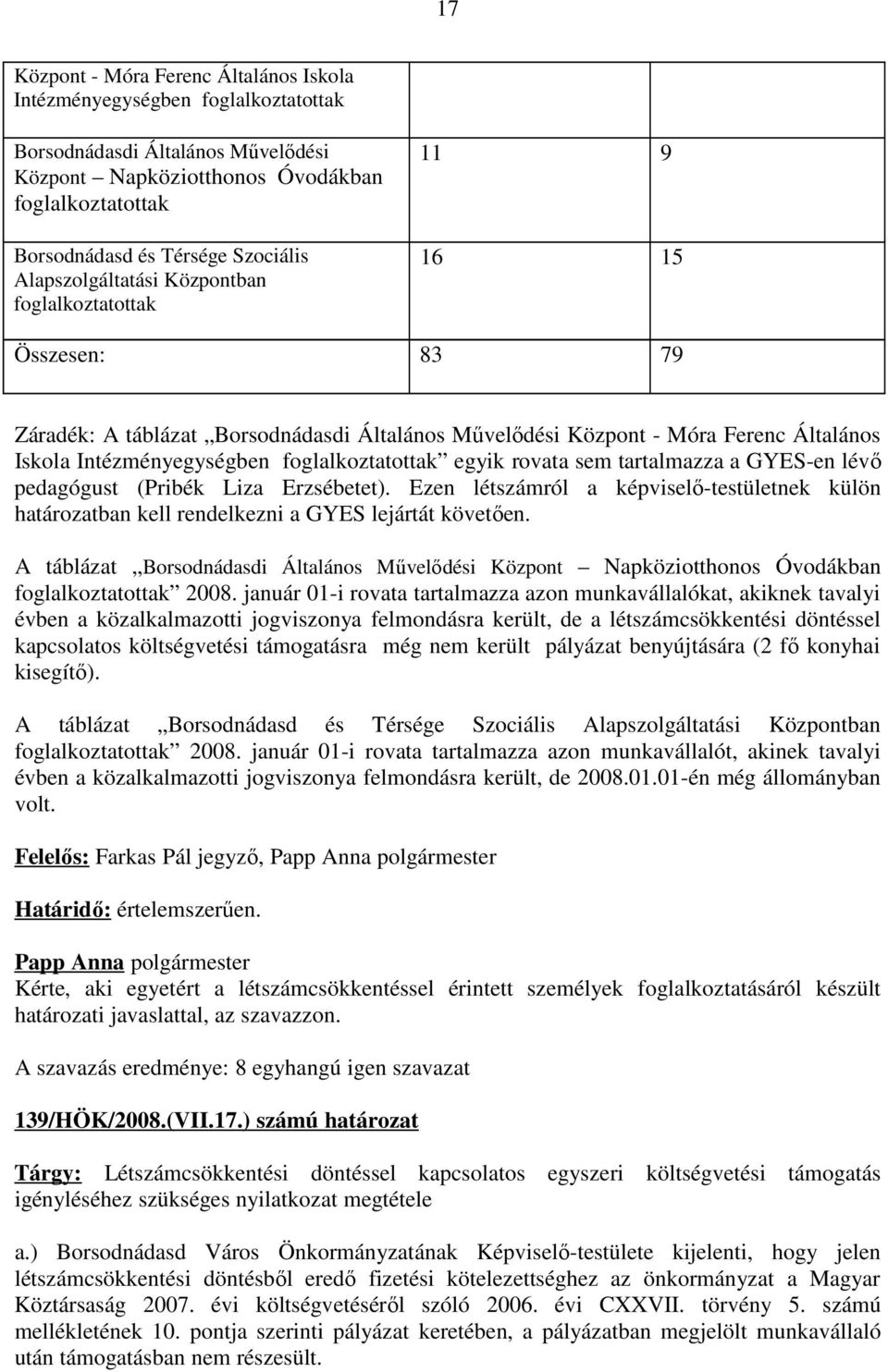 foglalkoztatottak egyik rovata sem tartalmazza a GYES-en lévő pedagógust (Pribék Liza Erzsébetet). Ezen létszámról a képviselő-testületnek külön határozatban kell rendelkezni a GYES lejártát követően.