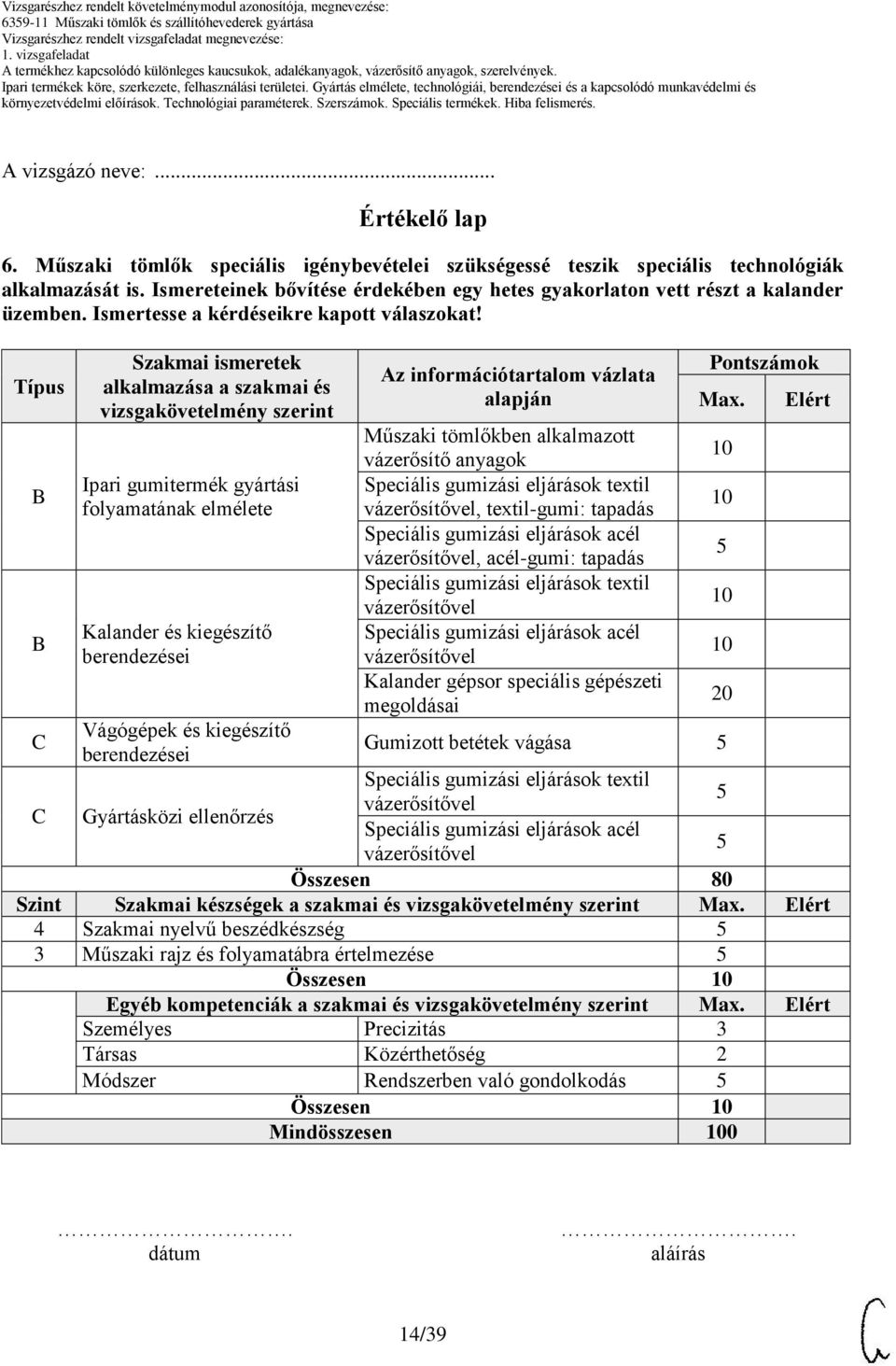 Típus C Szakmai ismeretek alkalmazása a szakmai és vizsgakövetelmény szerint Ipari gumitermék gyártási folyamatának elmélete Kalander és kiegészítő berendezései Vágógépek és kiegészítő berendezései