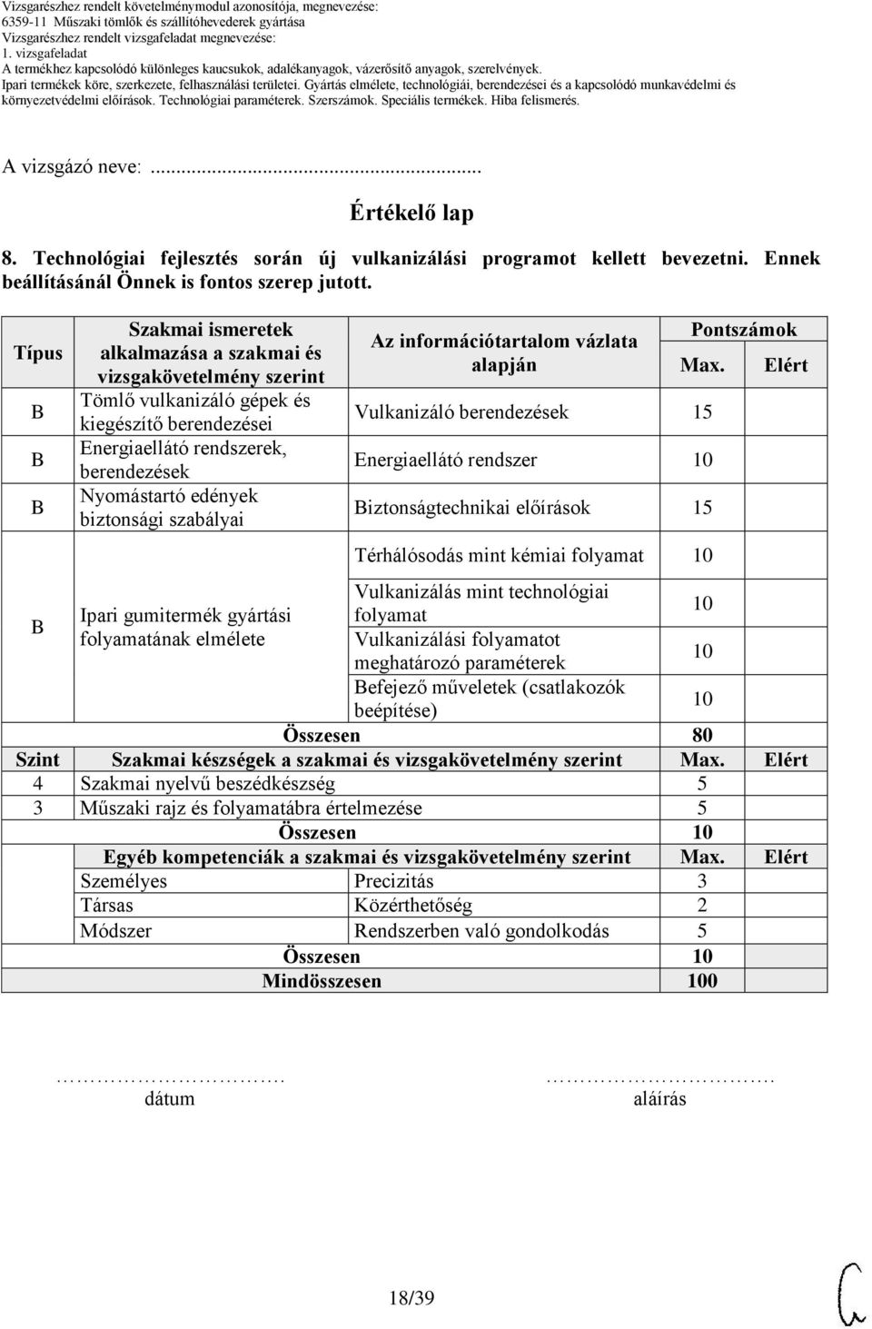 szabályai Az információtartalom vázlata alapján Pontszámok Max.