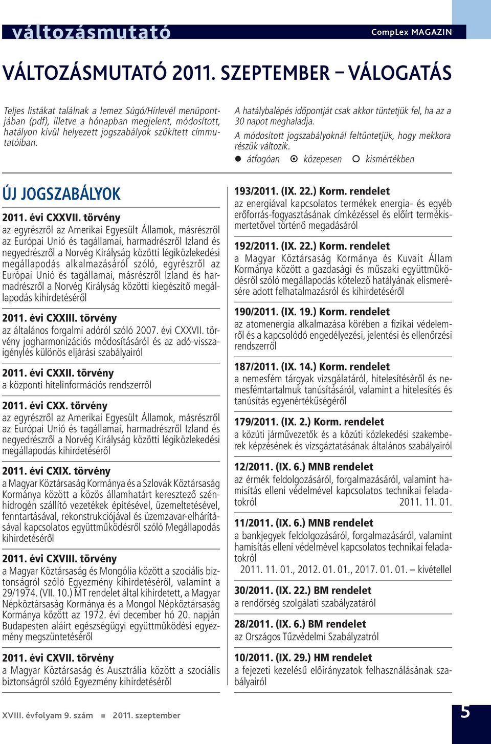 A hatálybalépés időpontját csak akkor tüntetjük fel, ha az a 30 napot meghaladja. A módosított jogszabályoknál feltüntetjük, hogy mekkora részük változik.