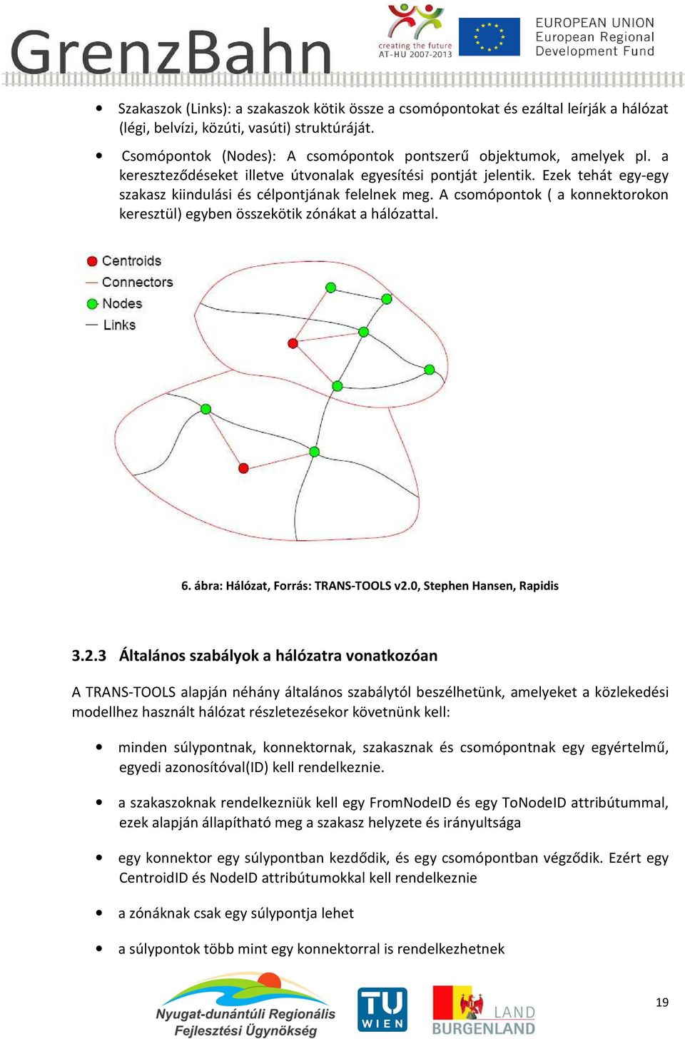 Ezek tehát egy-egy szakasz kiindulási és célpontjának felelnek meg. A csomópontok ( a konnektorokon keresztül) egyben összekötik zónákat a hálózattal. 6. ábra: Hálózat, Forrás: TRANS-TOOLS v2.