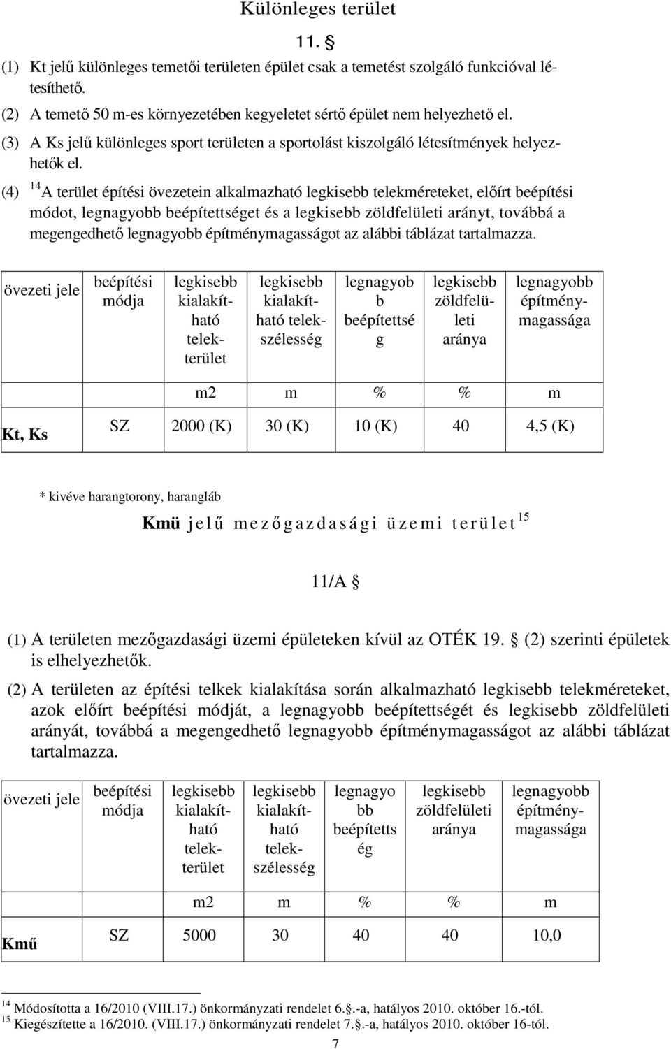 (4) 14 A terület építési övezetein alkalmazható telekméreteket, előírt beépítési módot, legnagyobb beépítettséget és a zöldfelületi arányt, továbbá a megengedhető legnagyobb építménymagasságot az