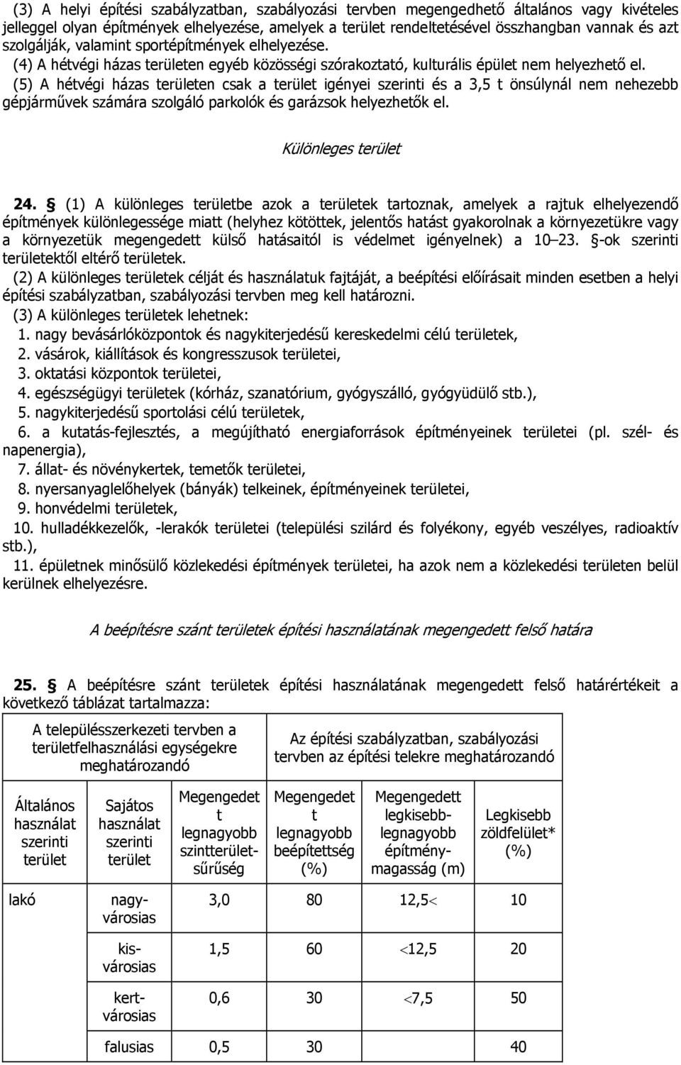 (5) A hétvégi házas területen csak a terület igényei szerinti és a 3,5 t önsúlynál nem nehezebb gépjárművek számára szolgáló parkolók és garázsok helyezhetők el. Különleges terület 24.