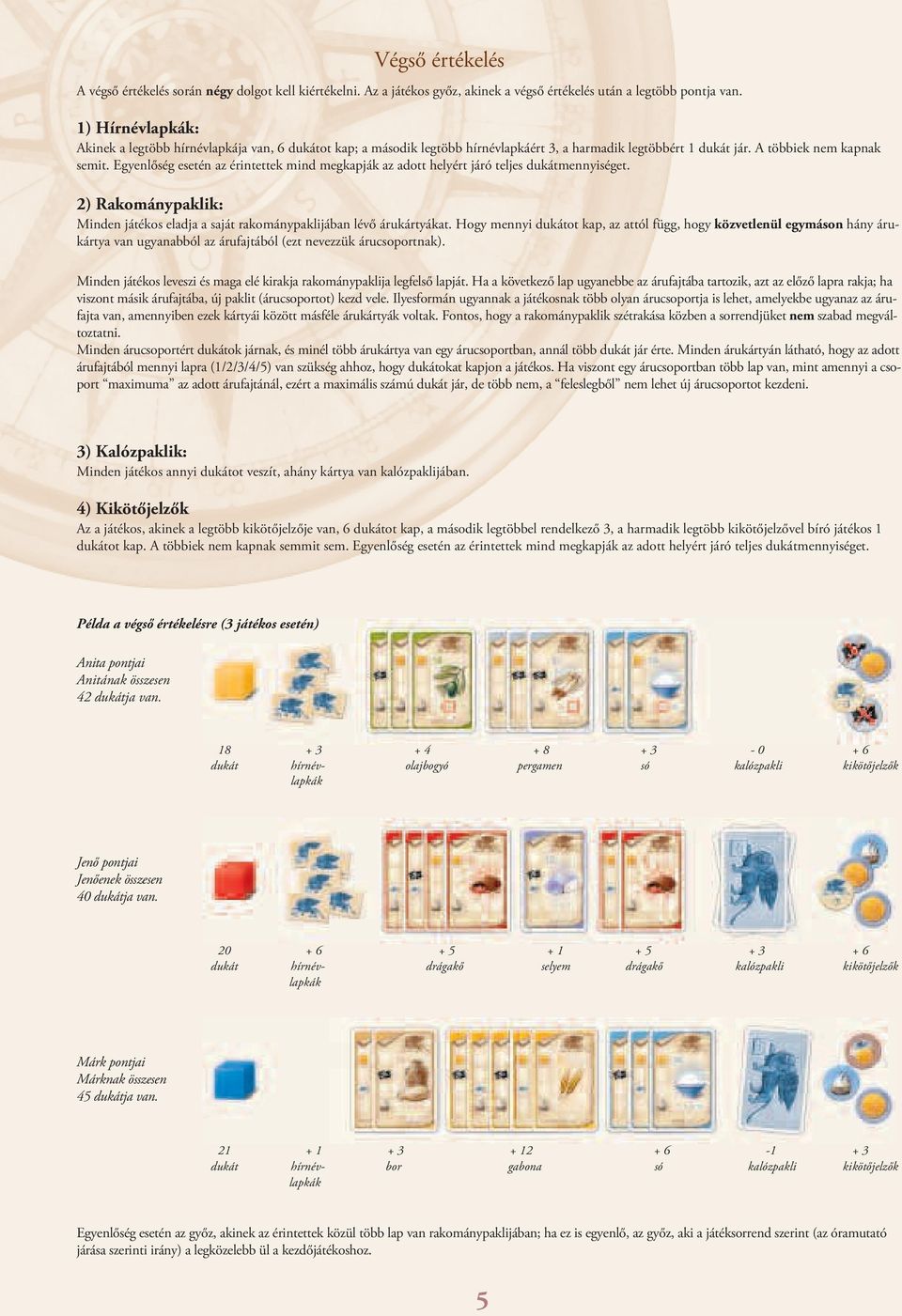 Egyenlőség esetén az érintettek mind megkapják az adott helyért járó teljes dukátmennyiséget. 2) Rakománypaklik: Minden játékos eladja a saját rakománypaklijában lévő árukártyákat.