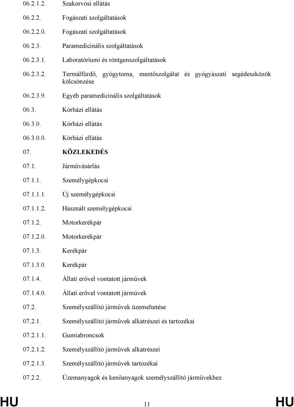 1.1.2. Használt személygépkocsi 07.1.2. Motorkerékpár 07.1.2.0. Motorkerékpár 07.1.3. Kerékpár 07.1.3.0. Kerékpár 07.1.4. Állati erővel vontatott járművek 07.1.4.0. Állati erővel vontatott járművek 07.2. Személyszállító járművek üzemeltetése 07.