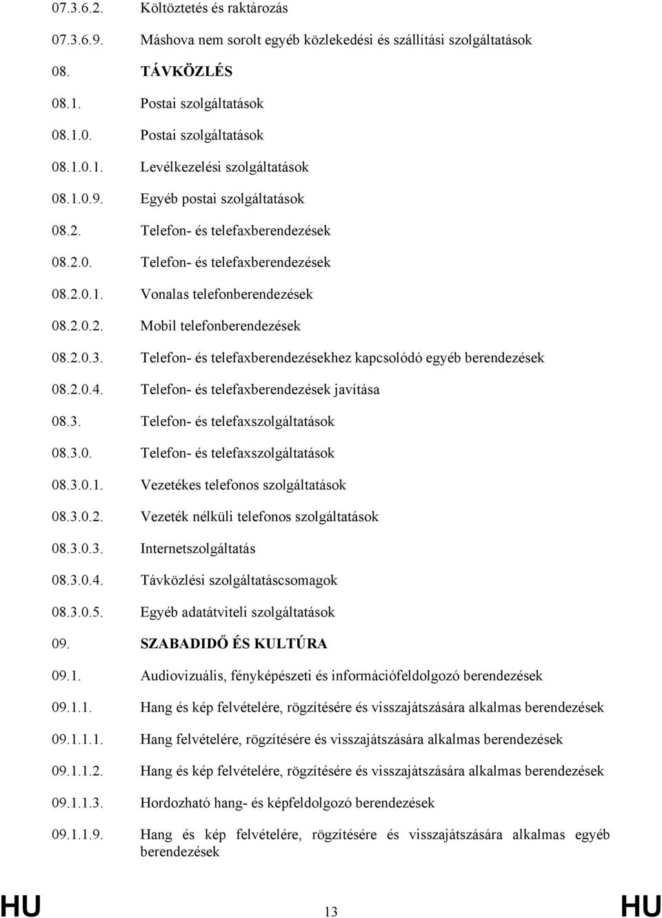 Telefon- és telefaxberendezésekhez kapcsolódó egyéb berendezések 08.2.0.4. Telefon- és telefaxberendezések javítása 08.3. Telefon- és telefaxszolgáltatások 08.3.0. Telefon- és telefaxszolgáltatások 08.3.0.1.