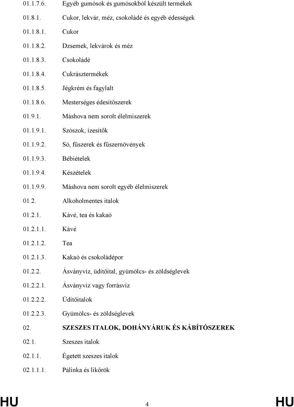 Bébiételek 01.1.9.4. Készételek 01.1.9.9. Máshova nem sorolt egyéb élelmiszerek 01.2. Alkoholmentes italok 01.2.1. Kávé, tea és kakaó 01.2.1.1. Kávé 01.2.1.2. Tea 01.2.1.3. Kakaó és csokoládépor 01.2.2. Ásványvíz, üdítőital, gyümölcs- és zöldséglevek 01.