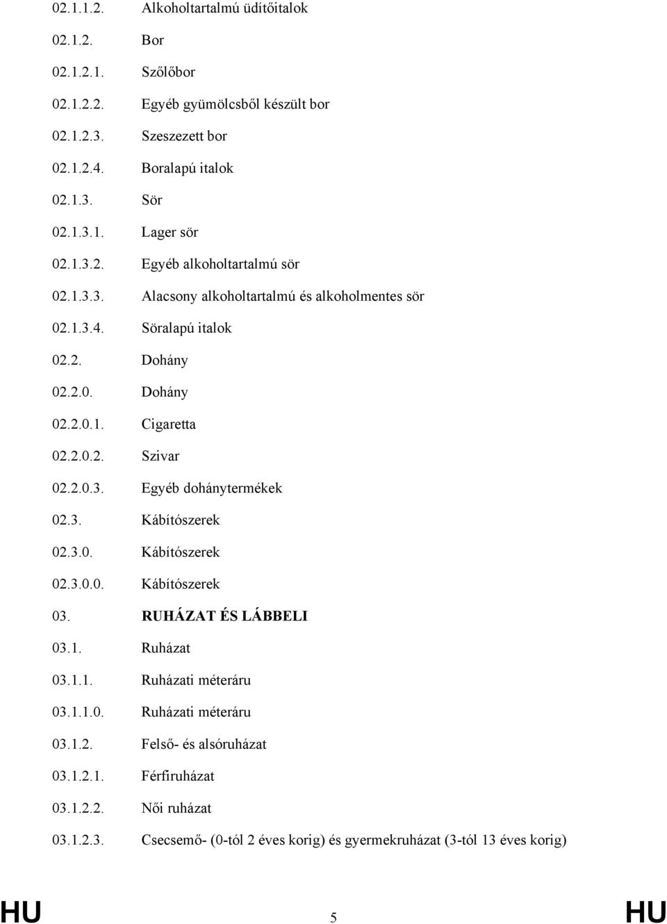 2.0.3. Egyéb dohánytermékek 02.3. Kábítószerek 02.3.0. Kábítószerek 02.3.0.0. Kábítószerek 03. RUHÁZAT ÉS LÁBBELI 03.1. Ruházat 03.1.1. Ruházati méteráru 03.1.1.0. Ruházati méteráru 03.1.2. Felső- és alsóruházat 03.