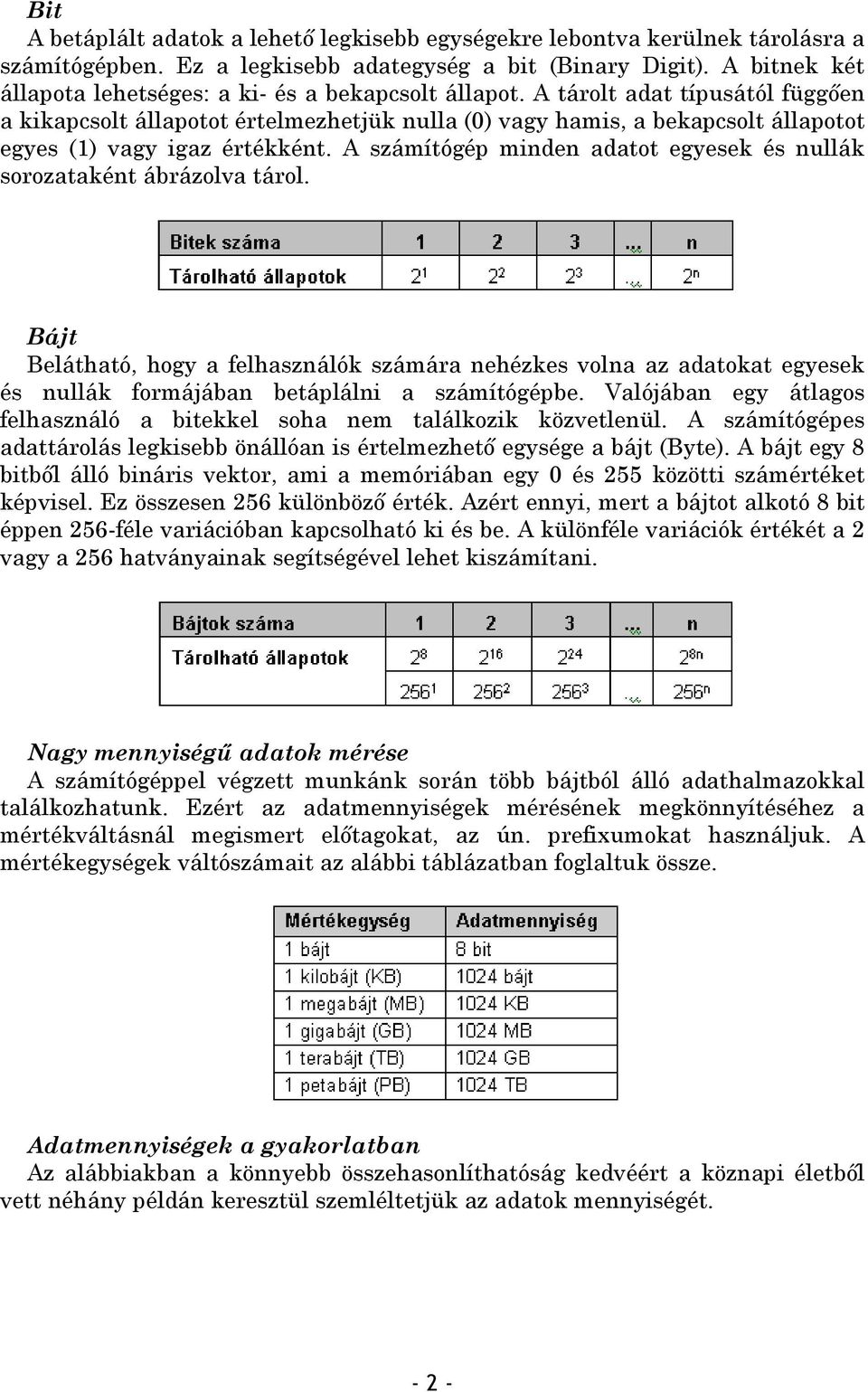 A tárolt adat típusától függően a kikapcsolt állapotot értelmezhetjük nulla (0) vagy hamis, a bekapcsolt állapotot egyes (1) vagy igaz értékként.