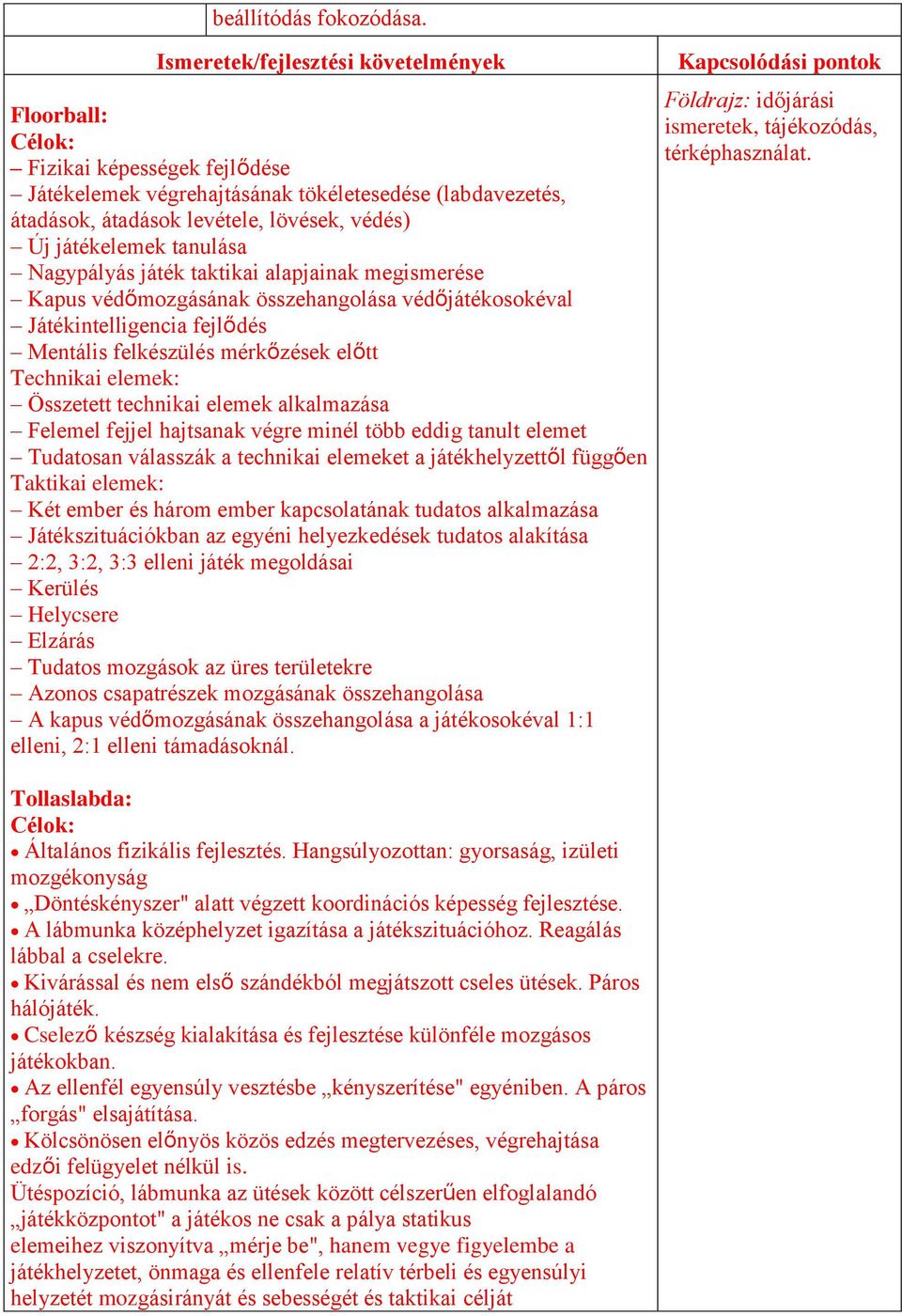 játékelemek tanulása Nagypályás játék taktikai alapjainak megismerése Kapus védőmozgásának összehangolása védőjátékosokéval Játékintelligencia fejlődés Mentális felkészülés mérkőzések előtt Technikai