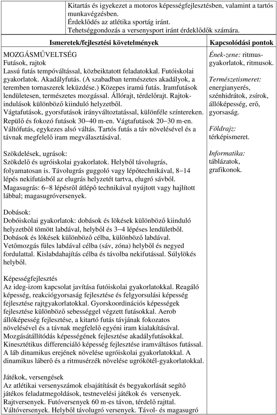 (A szabadban természetes akadályok, a teremben tornaszerek leküzdése.) Közepes iramú futás. Iramfutások lendületesen, természetes mozgással. Állórajt, térdelőrajt.
