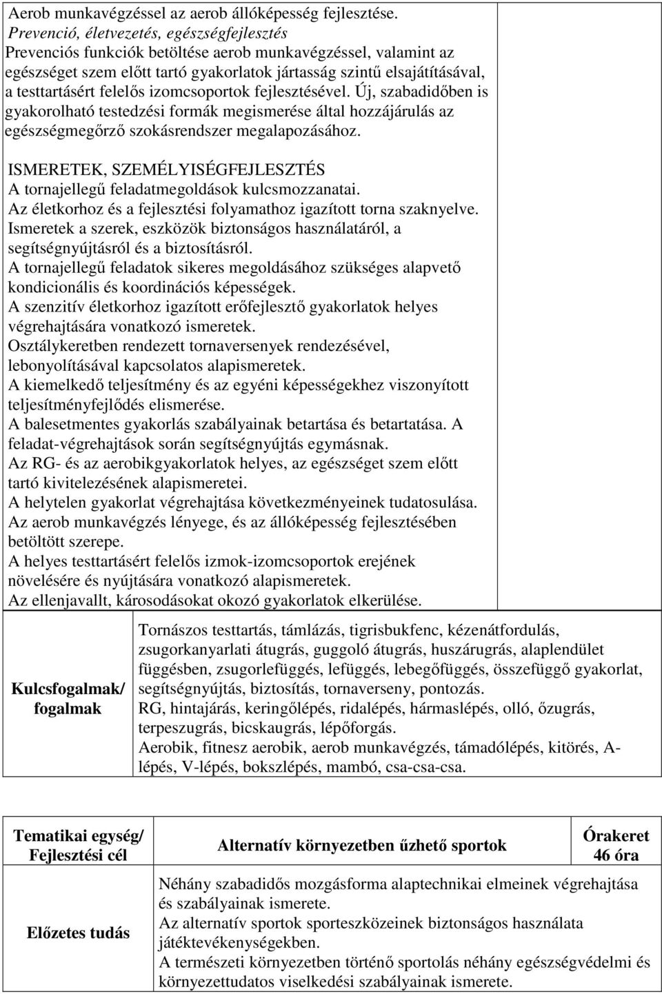 felelős izomcsoportok fejlesztésével. Új, szabadidőben is gyakorolható testedzési formák megismerése által hozzájárulás az egészségmegőrző szokásrendszer megalapozásához.