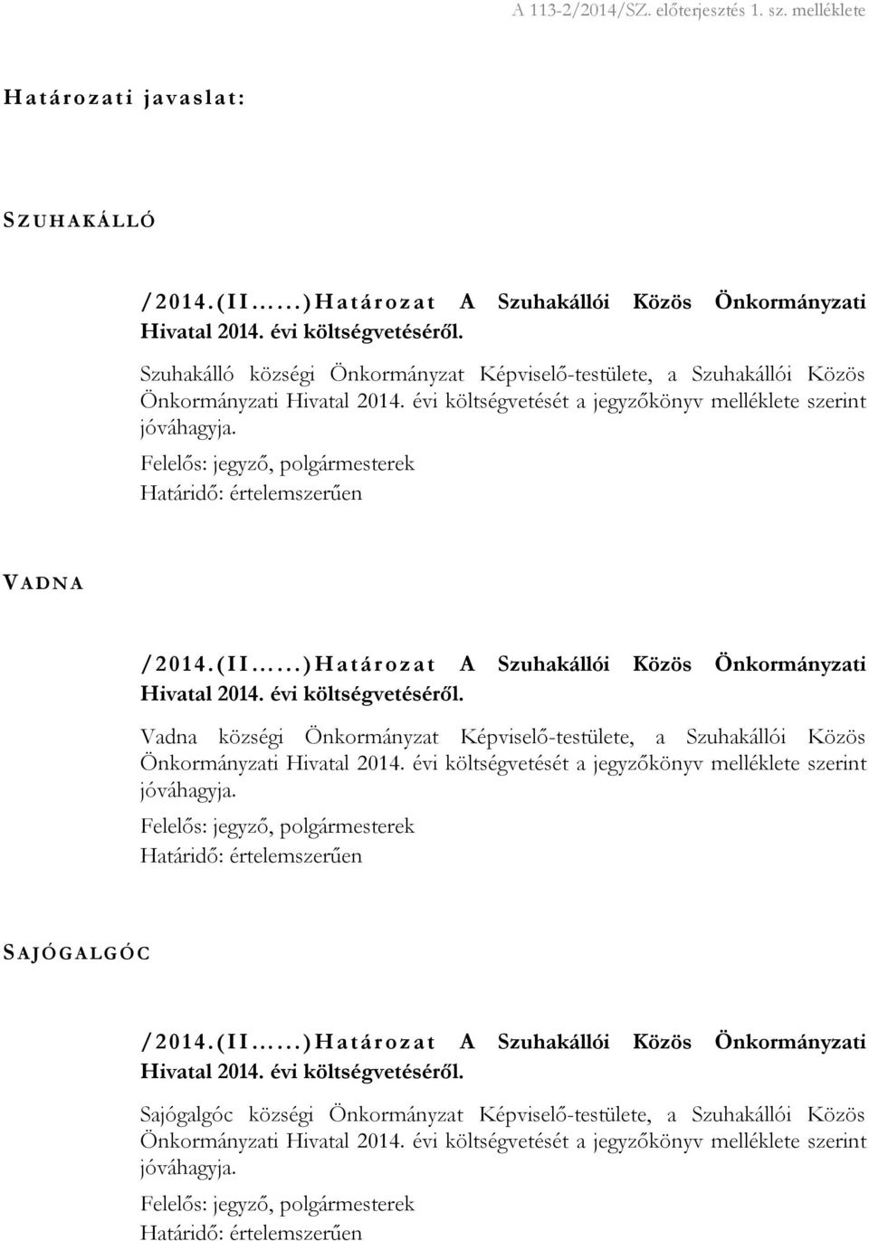 Felelős: jegyző, polgármesterek Határidő: értelemszerűen V A D N A / 201 4.(II...) Határ oz at A Szuhakállói Közös Önkormányzati Hivatal 2014. évi költségvetéséről.