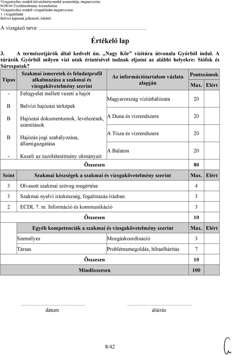Típus - - Szakmai ismeretek és feladatprofil alkalmazása a szakmai és vizsgakövetelmény szerint Felügyelet mellett vezeti a hajót elvízi hajózási térképek Az információtartalom vázlata alapján