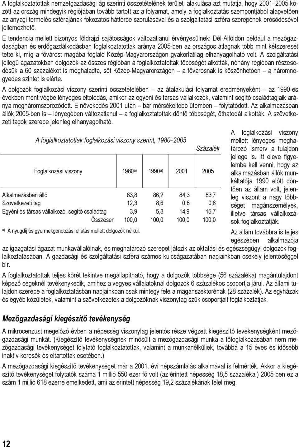 E tendencia mellett bizonyos földrajzi sajátosságok változatlanul érvényesülnek: Dél-Alföldön például a mezőgazdaságban és erdőgazdálkodásban foglalkoztatottak aránya 2005-ben az országos átlagnak