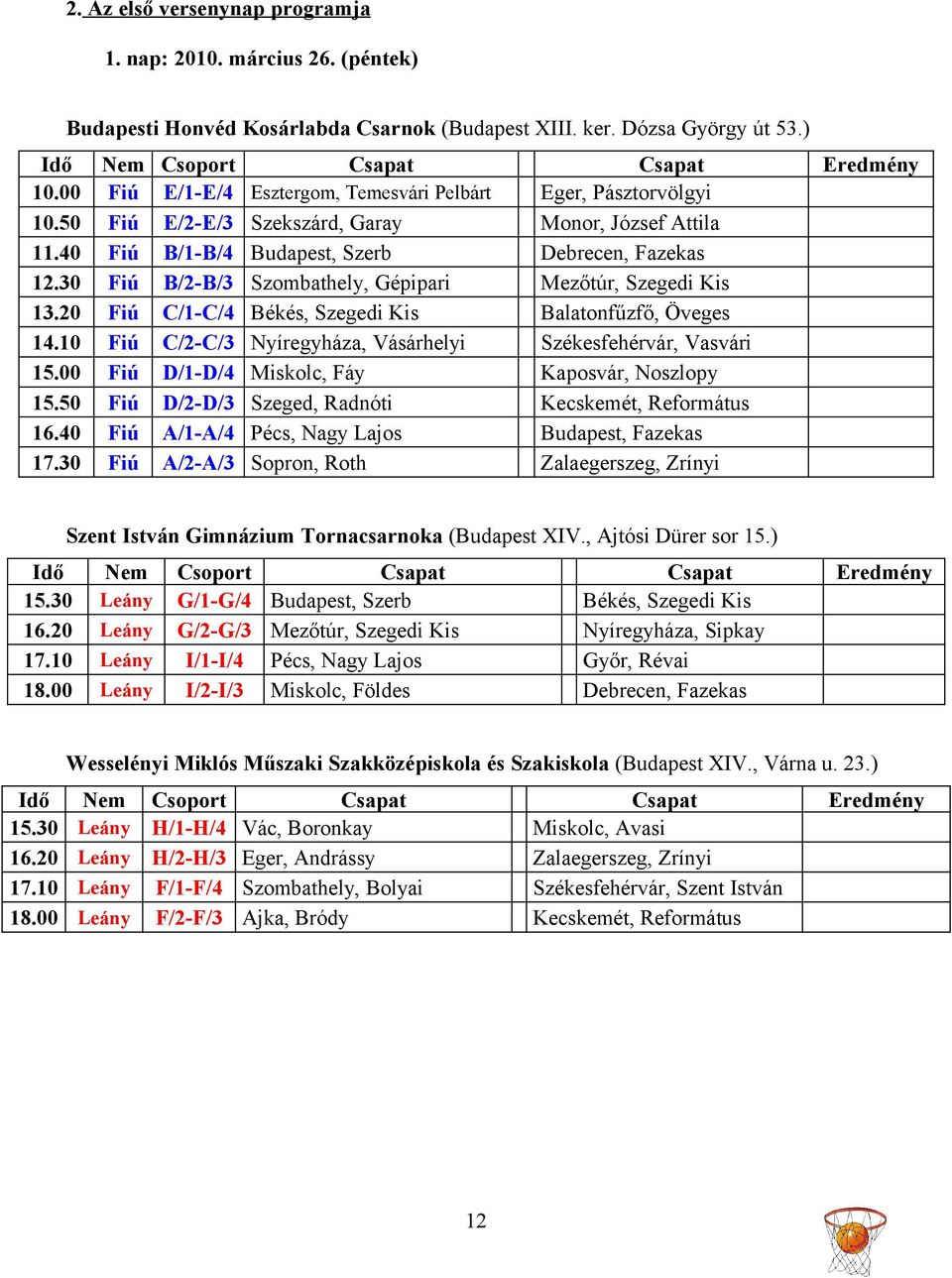 10 C/2-C/3 Nyíregyháza, Vásárhelyi 15.00 D/1-D/4 Miskolc, Fáy 15.50 D/2-D/3 Szeged, Radnóti 16.40 A/1-A/4 Pécs, Nagy Lajos 17.