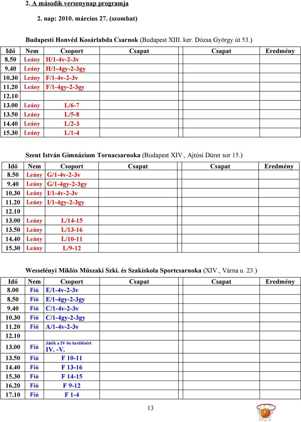 30 11.20 12.10 13.00 13.50 14.40 15.30 Nem Csoport G/1-4v-2-3v G/1-4gy-2-3gy I/1-4v-2-3v I/1-4gy-2-3gy Eredmény L/14-15 L/13-16 L/10-11 L/9-12 Wesselényi Miklós Műszaki Szki.