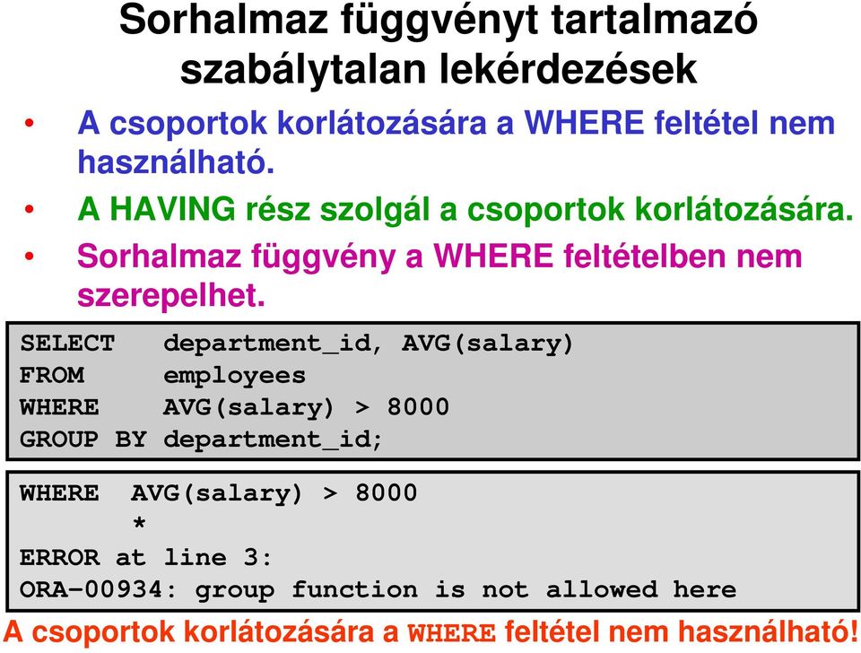 SELECT department_id, AVG(salary) FROM employees WHERE AVG(salary) > 8000 GROUP BY department_id; WHERE AVG(salary) >