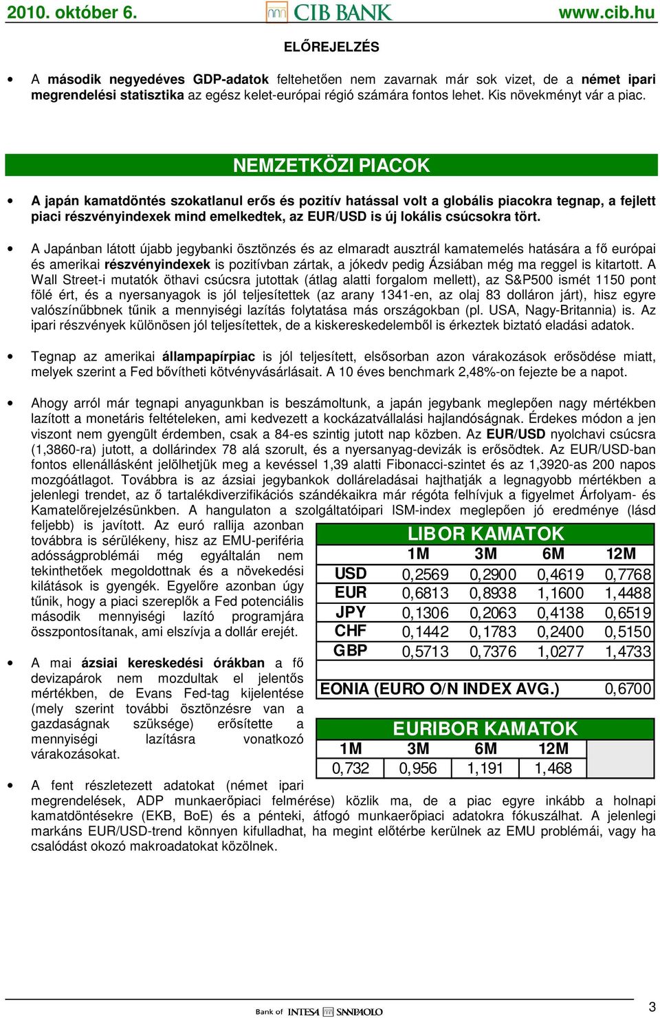 NEMZETKÖZI PIACOK A japán kamatdöntés szokatlanul erıs és pozitív hatással volt a globális piacokra tegnap, a fejlett piaci részvényindexek mind emelkedtek, az EUR/USD is új lokális csúcsokra tört.