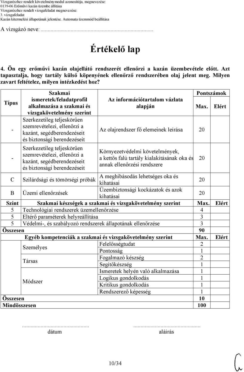 Típus - - Szakmai ismeretek/feladatprofil alkalmazása a szakmai és vizsgakövetelmény szerint Szerkezetileg teljeskörűen szemrevételezi, ellenőrzi a kazánt, segédberendezéseit és biztonsági