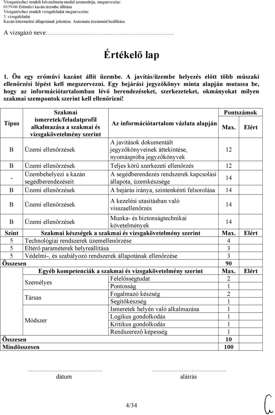 Típus B Szakmai ismeretek/feladatprofil alkalmazása a szakmai és vizsgakövetelmény szerint Üzemi ellenőrzések Az információtartalom vázlata alapján A javítások dokumentált jegyzőkönyveinek