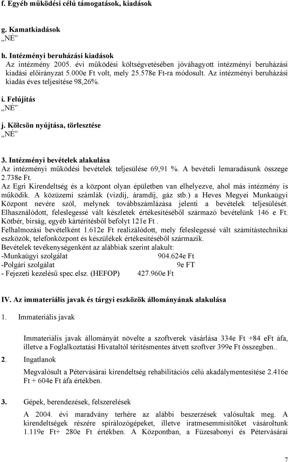 Kölcsön nyújtása, törlesztése 3. Intézményi bevételek alakulása Az intézményi működési bevételek teljesülése 69,91 %. A bevételi lemaradásunk összege 2.738e Ft.