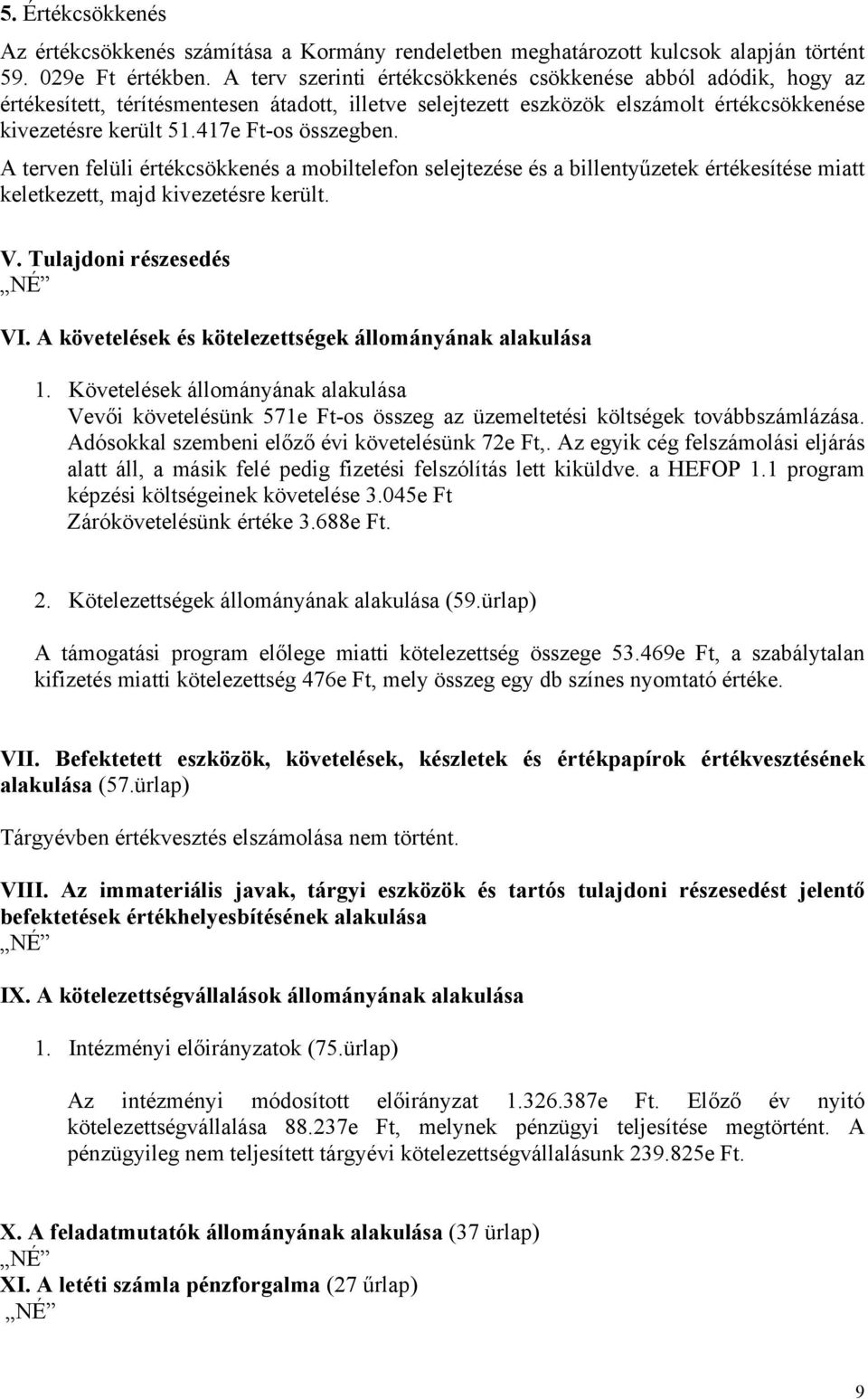 417e Ft-os összegben. A terven felüli értékcsökkenés a mobiltelefon selejtezése és a billentyűzetek értékesítése miatt keletkezett, majd kivezetésre került. V. Tulajdoni részesedés VI.