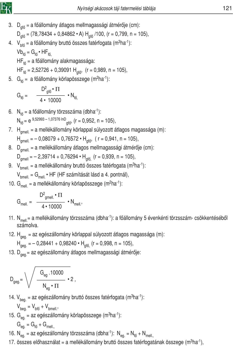 G fô = a fôállomány (m 2 ha -1 ): D 2 gfô Π G fô = N fô, 4 1 6. N fô = a fôállomány (dbha -1 ): N fô = e 9,52993 1,7376 lnfô, (r =,952, n = 15), 7. H gmell.