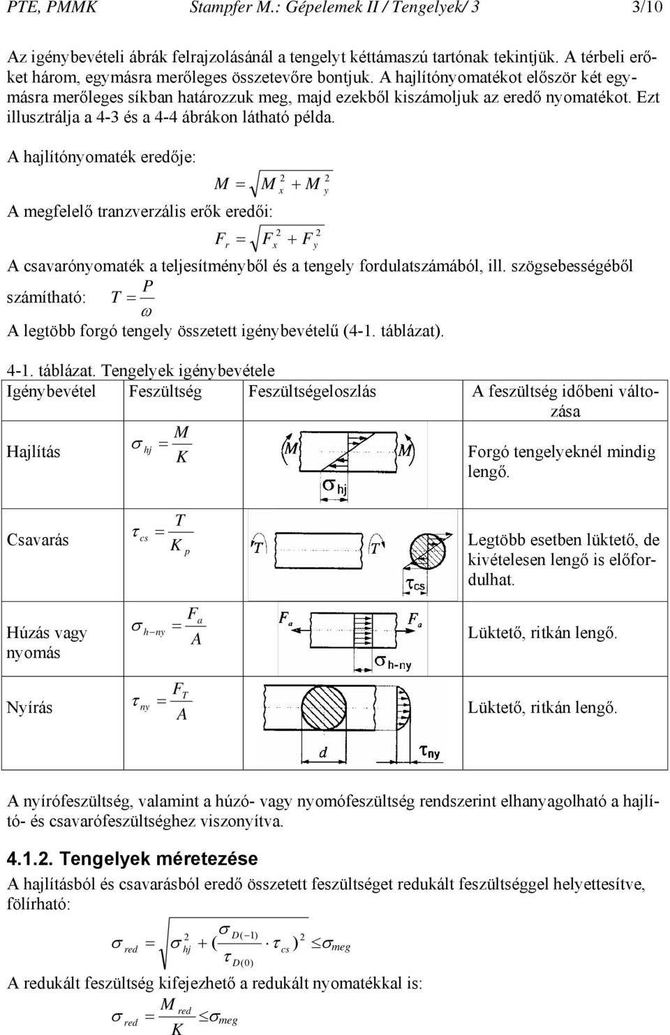 A hajlítónyomaték eredője: M + A megfelelő tranzverzális erők eredői: M x M y F r Fx + Fy A csavarónyomaték a teljesítményből és a tengely fordulatszámából, ill.