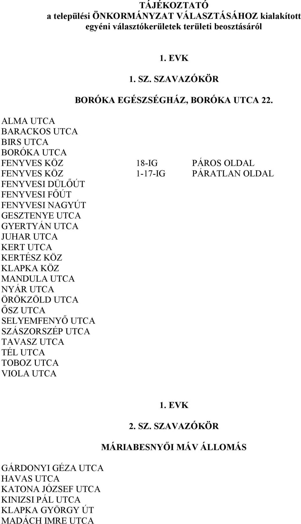 ALMA UTCA BARACKOS UTCA BIRS UTCA BORÓKA UTCA FENYVES KÖZ 18-IG PÁROS OLDAL FENYVES KÖZ 1-17-IG PÁRATLAN OLDAL FENYVESI DÜLİÚT FENYVESI FİÚT FENYVESI NAGYÚT GESZTENYE