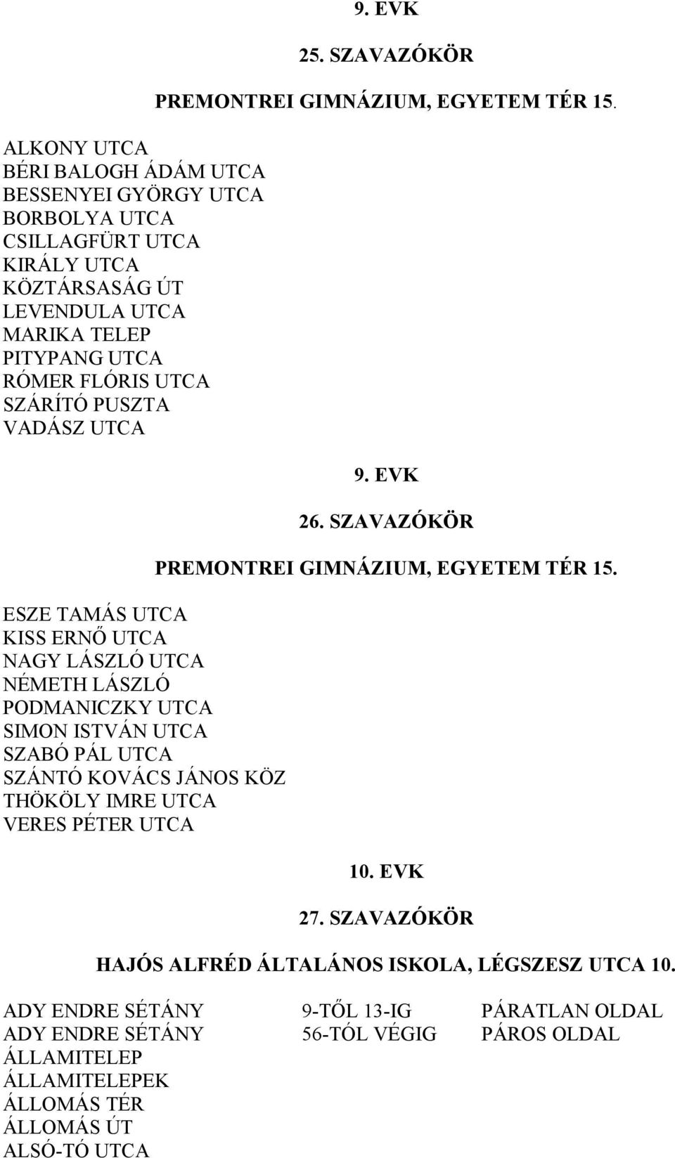 UTCA VERES PÉTER UTCA 9. EVK 25. SZAVAZÓKÖR PREMONTREI GIMNÁZIUM, EGYETEM TÉR 15. 9. EVK 26. SZAVAZÓKÖR PREMONTREI GIMNÁZIUM, EGYETEM TÉR 15. 10. EVK 27.