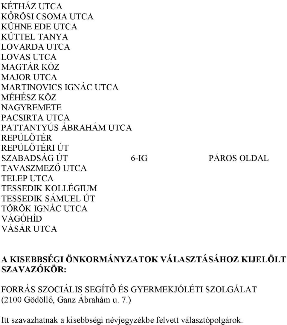 KOLLÉGIUM TESSEDIK SÁMUEL ÚT TÖRÖK IGNÁC UTCA VÁGÓHÍD VÁSÁR UTCA A KISEBBSÉGI ÖNKORMÁNYZATOK VÁLASZTÁSÁHOZ KIJELÖLT SZAVAZÓKÖR: FORRÁS