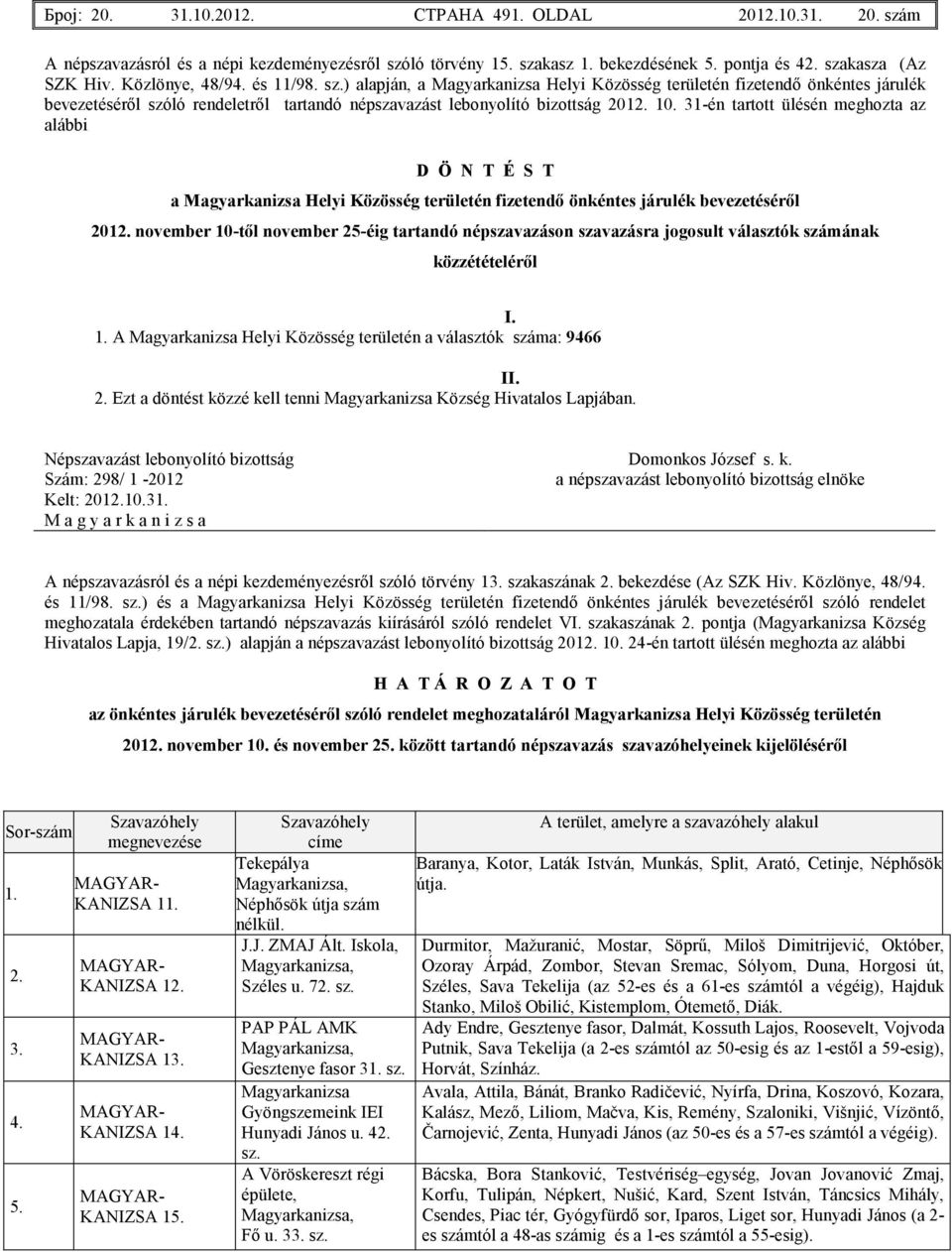 31-én tartott ülésén meghozta az alábbi D Ö N T É S T a Magyarkanizsa Helyi Közösség területén fizetendı önkéntes járulék bevezetésérıl 2012.